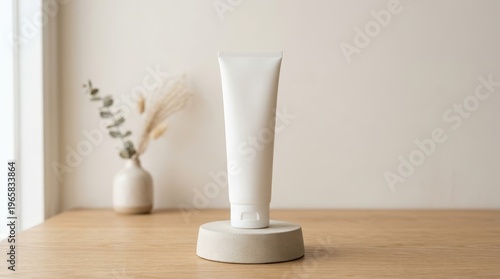 White cosmetic tube mockup on concrete stand with dried plant decor