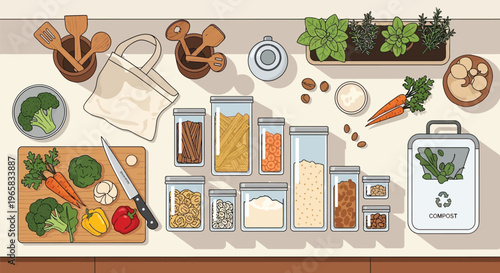 A kitchen counter with various food items and eco-friendly containers