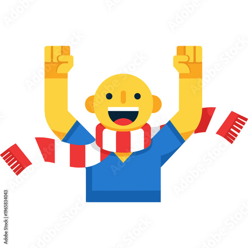 A smiling man celebrates with arms raised in excitement wearing a scarf.