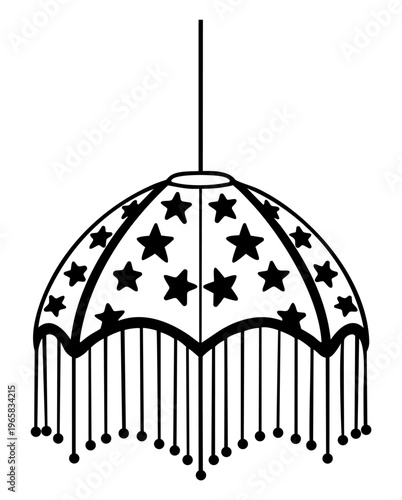 Vintage Ceiling Pendant Lamp with Star Pattern Fabric Shade and Fringe Tassels, Retro Hanging Light Fixture Inspired by Early 20th Century Interior