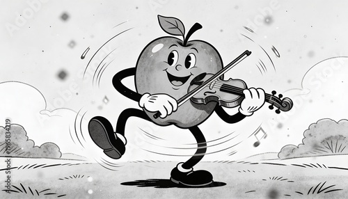 Dancing vintage gray cartoon apple character playing violin on grassy field, with white gloves bow