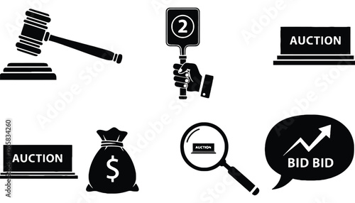Auction vector icons set including gavel, bid and money bag