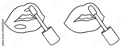 Photos Lips with lip gloss applicator outline set, cosmetic makeup line art of open mou