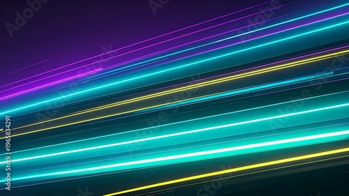 Abstract composition of diagonal neon light streaks in teal, pink, and yellow against a dark backdrop