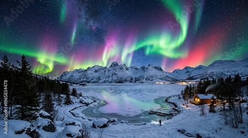 Breathtaking Northern Lights Over Snowy Landscape and Cabin