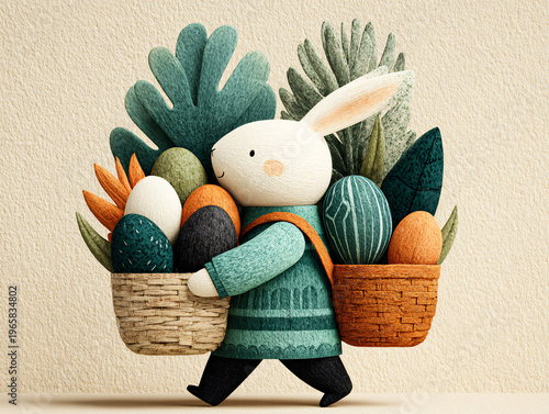 A stylized felt rabbit in a blue traditional outfit carries stacked wicker baskets of Easter eggs, carrots, and greenery, set against a teal sky with a golden sun and cloud-like hills