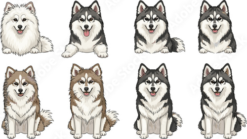 Siberian Husky Vector Set Illustrations Featuring Multiple Poses of Sitting and Lying Dogs in Black, Gray, and White Fur for Pets, Puppies, and Children’s Book Designs