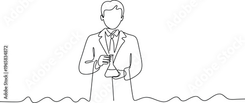 Male scientist outline holding flask in lab coat vector illustration without editable stroke clean line design isolated