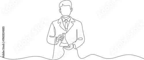 Male scientist outline holding flask in lab coat vector illustration without editable stroke clean line design isolated