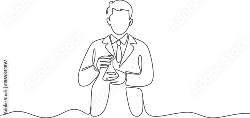 Male scientist outline holding flask in lab coat vector illustration without editable stroke clean line design isolated