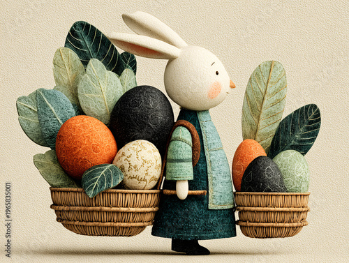 A stylized felt rabbit in a blue traditional outfit carries stacked wicker baskets of Easter eggs, carrots, and greenery, set against a teal sky with a golden sun and cloud-like hills