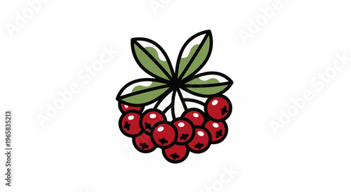 A cartoon cluster of bright red berries with green leaves above