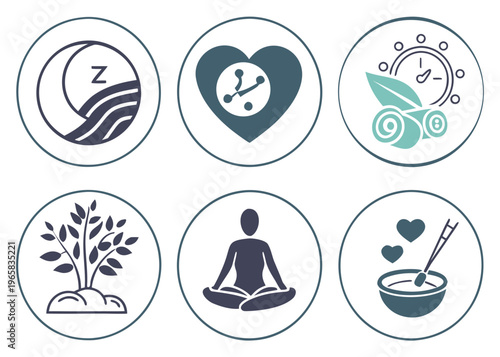 Wellness and healthy lifestyle outline icon collection. Includes meditation, yoga, sleep, balance, heart health, fitness, diet, spa, and natural remedy symbols.
