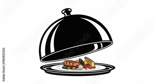 A cloche is lifted to reveal a delicious meal of meat, vegetables, and boiled eggs