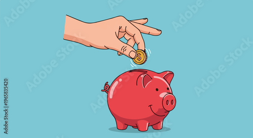 A hand drops a coin into a smiling red piggy bank