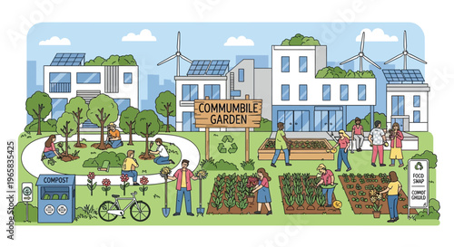 A vibrant community garden in a modern urban setting with people gardening and socializing