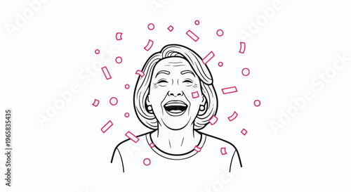 A joyous woman with a wide smile laughs heartily amidst falling confetti