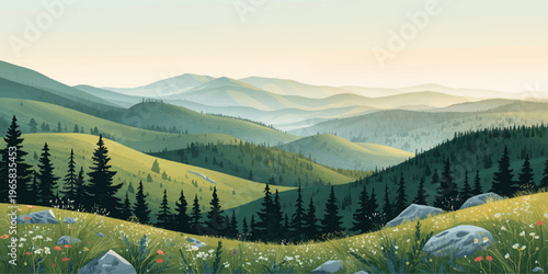 A misty sunrise a panoramic alpine landscape where green forest trees and snow-capped peaks overlook a high mountain valley in the morning clouds.