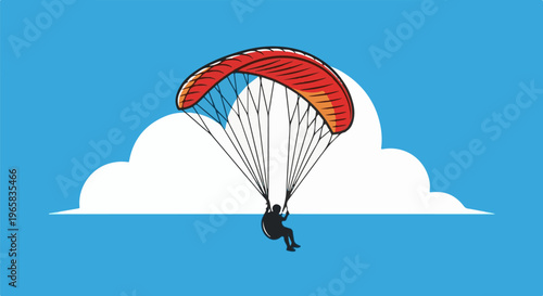 A person is paragliding under a colorful canopy amidst clouds in a bright sky