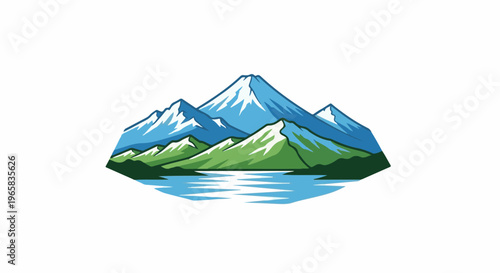 A stylized, colorful mountain range reflected in calm water