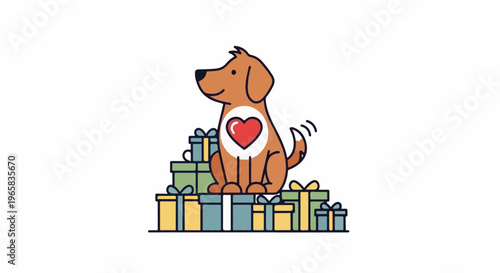 A happy dog sits on presents with a heart on its chest