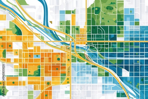 Colorful flat vector map of an urban city with streets, highways, river and parks