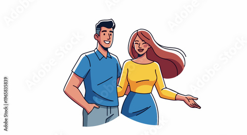 A smiling couple, a man in blue and a woman in yellow, stand together invitingly