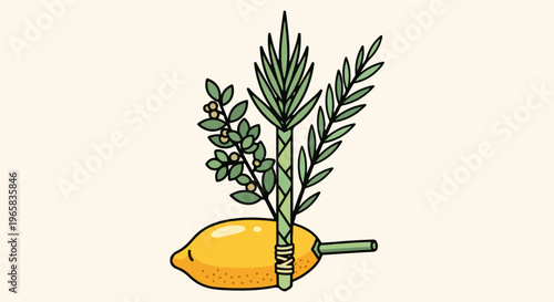 A yellow fruit adorned with green branches and palm fronds