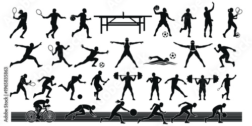 Sports silhouettes, tennis, basketball, soccer, swimming, cycling, running, weightlifting, table tennis, bowling, athletic activity icons, flat vector illustration