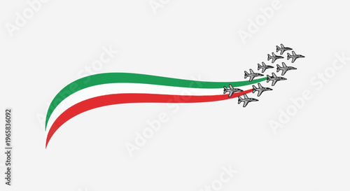 A squadron of jets soars, leaving green, white, and red trails