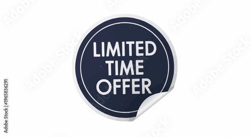 A dark blue circular sticker with white text that says 