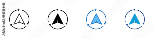 Navigation Sync Multiple Style Icon Design Vector - Compass arrow with circular arrows representing navigation update, route synchronization, and real time tracking