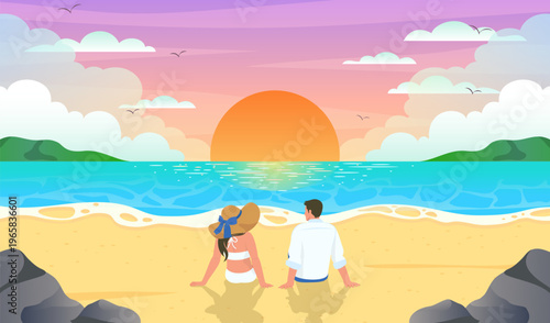 The couple sat watching the sunset by the sea. Beautiful beach background vector illustration