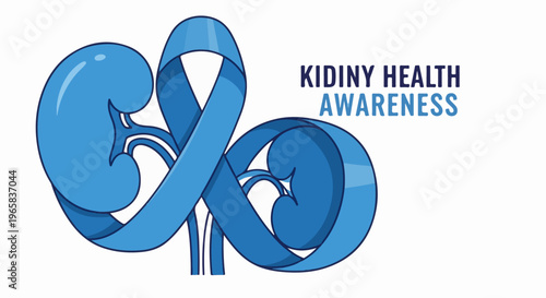 Blue ribbon shaped like kidneys with text "KIDINY HEALTH AWARENESS