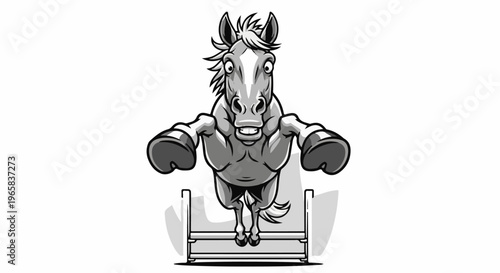 Cartoon horse in mid-air jumping over a barrier with a wide grin