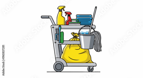 Cleaning cart filled with supplies spray bottles, towels, brush, mop, bucket, and trash bag