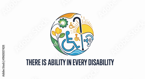 Diverse abilities celebrated within a circular emblem featuring symbols of support
