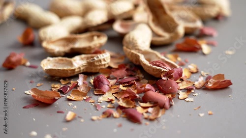 The remains of cracked roasted peanut shells scattered on the table