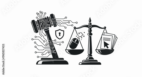 Digital justice circuit board gavel, scales weigh mouse against documents