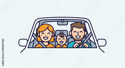 Happy cartoon family in a car, dad driving, mom and child smiling