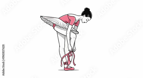 Ballerina tying pointe shoes on white background