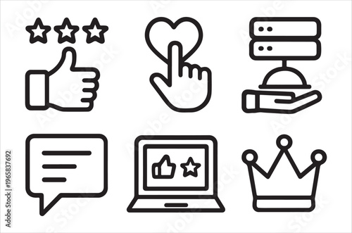 Collection of black and white icons representing positive feedback and ratings