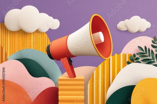 Colorful megaphone announcement illustration with abstract landscapes and bright communication concept