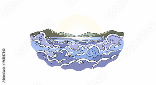 Serene sunrise over a calm lake with swirling clouds