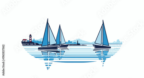 Serene sailboats glide on blue waters near a picturesque lighthouse and distant city skyline