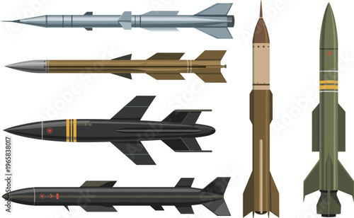 Missile and rocket icons set, aerospace weapon illustration, defense technology artwork, military projectile design, engineering flight concept, war equipment graphic