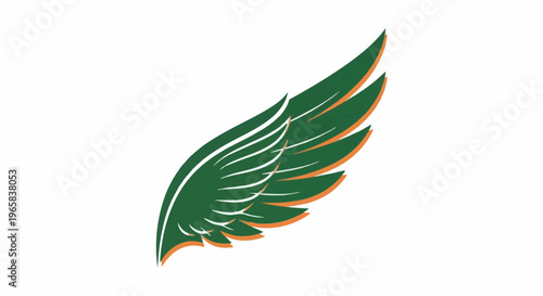 Stylized green wing with orange and white accents on a white background