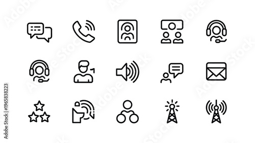 A collection of black and white line icons depicting various communication and support services