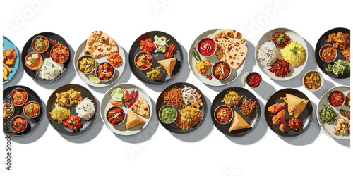 Traditional Indian cuisine thali with rice, naan, samosas, curries, chutneys, vegetables, colorful spices, cultural food diversity, flat vector illustration