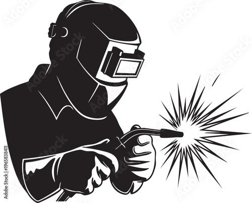 Black and white illustration of a welder wearing protective gear